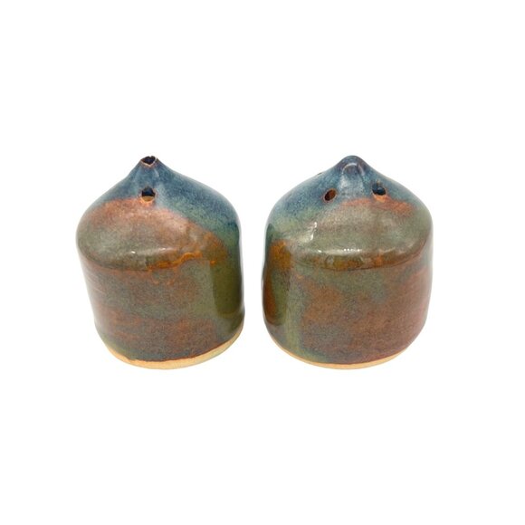 Handmade Ceramic Salt & Pepper Shakers Blue Brown Green Glaze By Kaye Chard - Picture 4 of 9